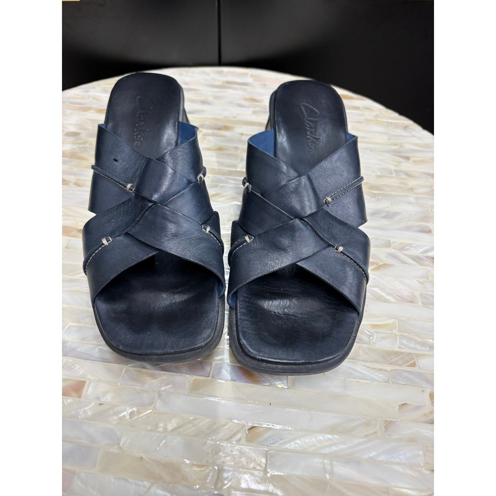 Clarks Navy Blue Leather Block Heel Slide Sandals Square Toe Mules Womens 8M